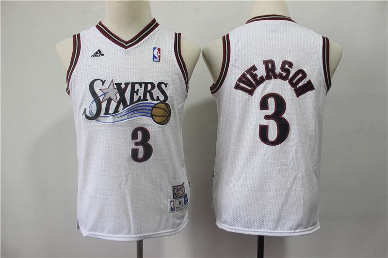 Youth Philadelphia 76ers #3 Iverson White Adidas NBA Jerseys1->philadelphia 76ers->NBA Jersey